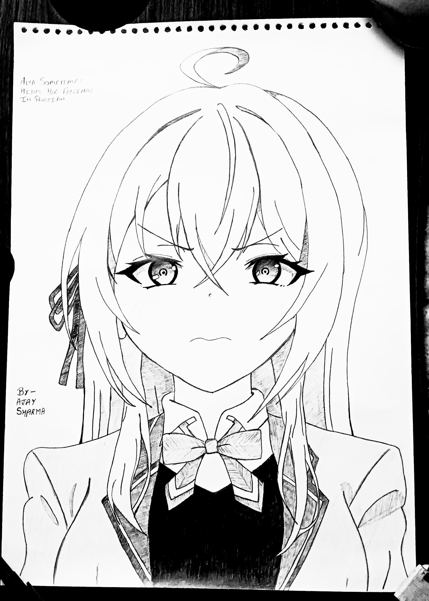 Alya anime pencil sketch from Alya Sometimes Hides Her Feelings in Russian with detailed eyes and school uniform – fan art by Will Of Pen