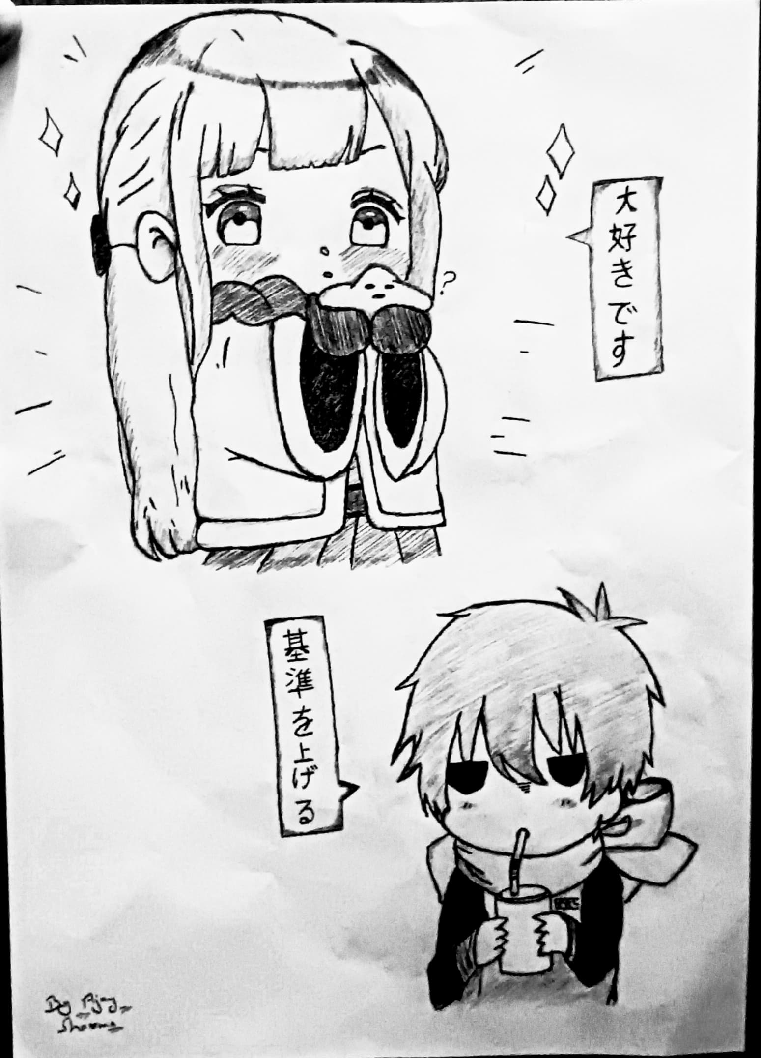 chibi anime winter couple pencil sketch showing cute girl with snow confessing love to cold boy in school uniform drinking from a can