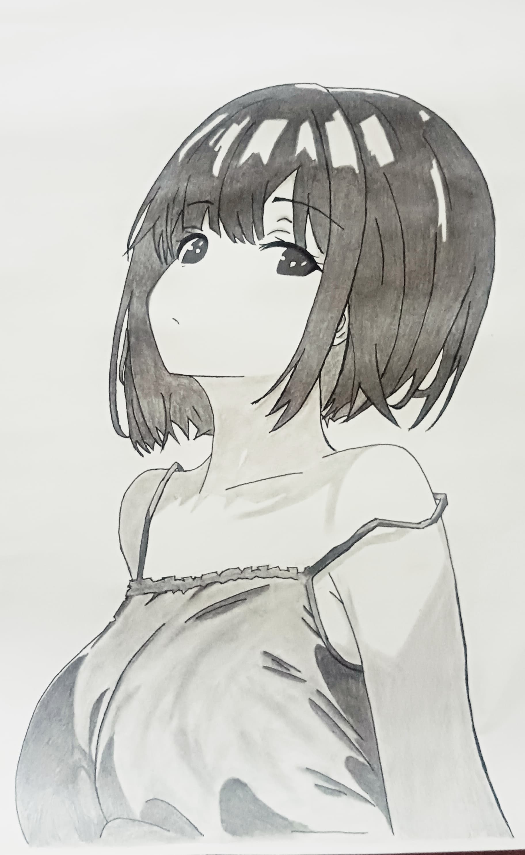 Anime girl pencil portrait with short hair and cold expression, dramatic lighting and detailed shading – original art by Will Of Pen